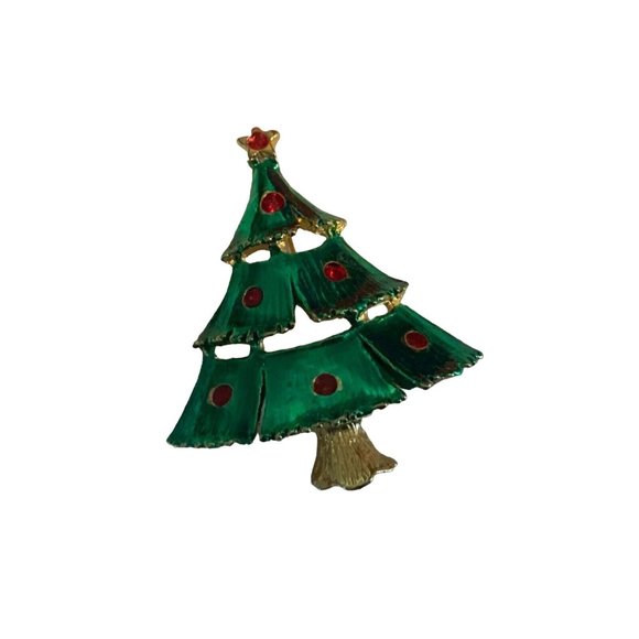 Christmas Tree Pin with Red Rhinestones Tree Decorations gold tone - Picture 7 of 9